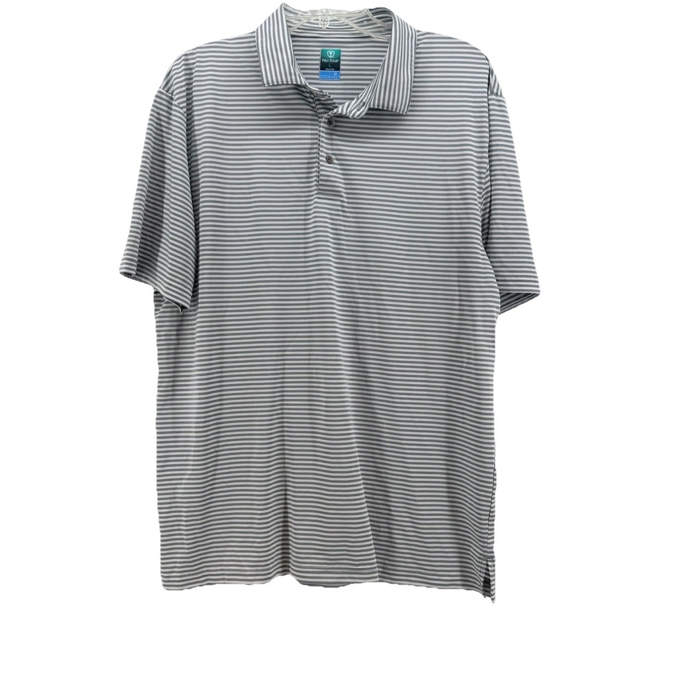 Pro Tour Polo Shirt Mens L Golf Short Sleeve Gray White Stripe Polyester